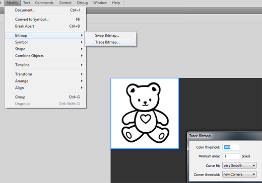 convert photos to coloring book images. Then, select the image on the stage, and convert it from bitmap to vector